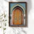 WallXpert uramljena MDF slika NAL047-70, narandžasta vrata sa plavim ornamentima i dva fenjera, 50 x 70 cm