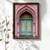 WallXpert uramljena MDF slika NAL051-70, tirkizna vrata u roze orijentalnom luku, 50 x 70 cm