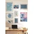 WallXpert set od 8 uramljenih slika Çgs-058, plavi motivi – veliki talas u roze tonovima, cvetne šare, leptiri i porcelanski tanjir, ram u boji prirodnog drveta