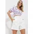 Trend Alacati Stili Ženska bluza kratkih rukava ALC-X11651, Brod izrez, Ljubičasto-bela