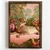WallXpert uramljena MDF slika NAL091-70, gepard leži na roze sofi među tropskim lišćem i cvećem, 50 x 70 cm