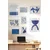 WallXpert set od 8 uramljenih slika Çgs-078, plavi apstraktni motivi – ptice, ženski profil linijom i more, beli ram