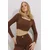 Trend Alacati Stili Ženska bluza dugih rukava ALC-X11437, Brod izrez, Smeđa