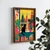 WallXpert uramljena MDF slika NAL027-70, crna mačka na prozoru sa pogledom na nebodere, pop art, 50 x 70 cm