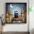 WallXpert uramljena MDF slika DOS012-33, čupava crna mačka na krovu pod polumesecom, 34 x 34 cm