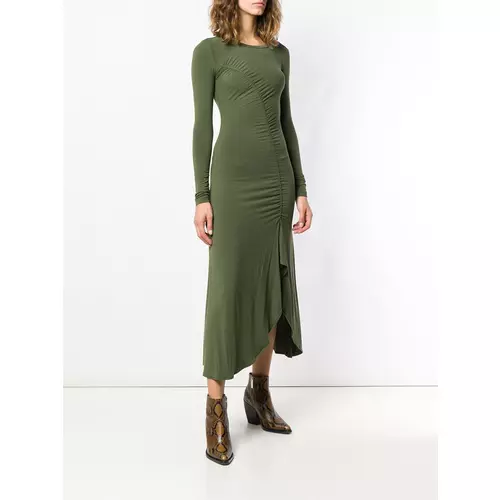 pinko ruched flared dress Pinko Caldo Dress Black Ruched Midi Love Birds Gold Buckle V-Neck Long Sleeve NW