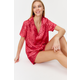 Trendyol Pink Multi Color Leopard Pattern Satin Shirt-Shorts Woven Pajamas Set