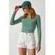 Happiness Istanbul Womens Dark Green Crew Neck Striped Crop Knitted Blouse