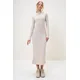 Trend Alaçati Stili Womens Stone Crew Neck Long Sleeve Interlock Fabric Maxi Length Dress