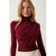 Happiness Istanbul Womens Burgundy Gathered Detailed High Neck Sandy Blouse