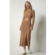 Happiness Istanbul Womens Biscuit Ribbed Crop Skirt Knitwear Suit
