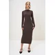 Trend Alaçati Stili Womens Brown Crew Neck Long Sleeve Interlock Fabric Maxi Length Dress