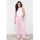 Trendyol Pink Belt Velcro High Waist Pleated Wide Leg Knitted Trousers