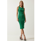 Happiness Istanbul Womens Dark Green Halter Neck Ribbed Wrap Knitted Dress