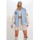 Trend Alaçati Stili Womens Blue Double Pocket Snap Closure Oversize Bomber Jacket