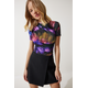 Happiness Istanbul Womens Black Purple Patterned Gathered Sandy Blouse