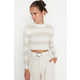 Trendyol Ecru Crop Cotton Striped Knitwear Sweater