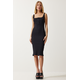 Happiness Istanbul Women's Black Button-Strapped Corduroy Knitted Dress