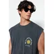 Trendyol Anthracite Oversize/Wide Cut Faded Effect Text Print 100% Cotton T-Shirt/Athlete