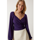 Happiness Istanbul Womens Purple Elastic Balloon Sleeve Sandy Knitted Blouse