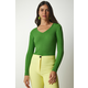 Happiness Istanbul Womens Light Green V-Neck Corduroy Basic Blouse