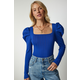 Happiness Istanbul Womens Blue Square Collar Corduroy Knitwear Blouse