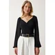 Happiness Istanbul Womens Black Elastic Balloon Sleeve Sandy Knitted Blouse