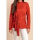 Plus size pletena majica z okrasnim vozlom, opečnata