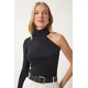Happiness Istanbul Womens Black Open Shoulder Ribbed Knitted Blouse