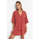 Trendyol Brown Striped Wide Fit Mini Knitted Tie Beach Dress