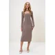 Trend Alaçati Stili Womens Mink Square Neck Long Sleeve Midi Length Interlock Fabric Dress