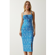 Happiness Istanbul Womens Vibrant Blue White Floral Slit Summer Knitted Dress