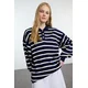 Trendyol Navy Blue Striped Balloon Sleeve Polo Neck Knitwear Sweater