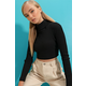 Trend Alaçati Stili Womens Black Turtleneck Ribbed Basic Crop Body Blouse