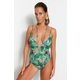 Trendyol Tropical Patterned Deep-Chocolate Pile Regular Leg Swimsuit