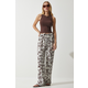 Happiness Istanbul Womens Ecru Brown Patterned Flowing Viscose Palazzo Trousers