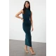 Trendyol Emerald Green Plain Sleeve Draped Bodycone/Fitting Knitted Dress