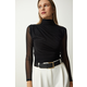 Happiness Istanbul Womens Black Chiffon Sleeve Gathered Knitted Blouse
