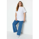 Trendyol Curve White Navy Blue Ribbed Collar Boyfriend Knitted T-shirt