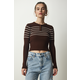 Happiness Istanbul Womens Brown Cream Buttoned Collar Ribbed Crop Knitwear Blouse