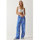 Happiness Istanbul Womens Blue and White Patterned Flowing Viscose Palazzo Trousers