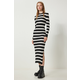 Happiness Istanbul Womens Black and White Crew Neck Striped Corduroy Knit Dress