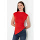 Trendyol Red High Neck Short Sleeve Gathered/Drape Detail Asymmetric Knitted Blouse