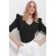 Trend Alaçati Stili Womens Black V-Neck Frilly Knitwear Blouse