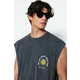 Trendyol Anthracite Oversize / Wide Cut Faded Effect Text Print 100% Cotton T-Shirt / Tank Top