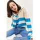 Bianco Lucci Womens Zippered Turtleneck Thick Striped Knitwear Sweater with Buttons on the Sleeves.