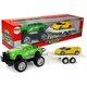 Set vozila Monster Truck sa sportskim autom na prikolici zeleno - žuti