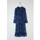 Trendyol Blue Floral Patterned A-Line Stand Collar Midi Lined Chiffon Woven Winter Dress