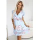 468-3 PATRIZIA dress with an envelope neckline, belt and short sleeves - light blue with roses
