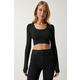 Happiness Istanbul Womens Black U Neck Ribbed Crop Knitwear Blouse